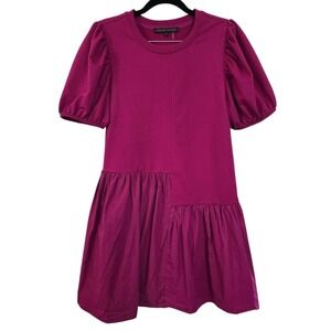 English Factory Magenta Balloon Sleeve Asymmetrical Mini Dress